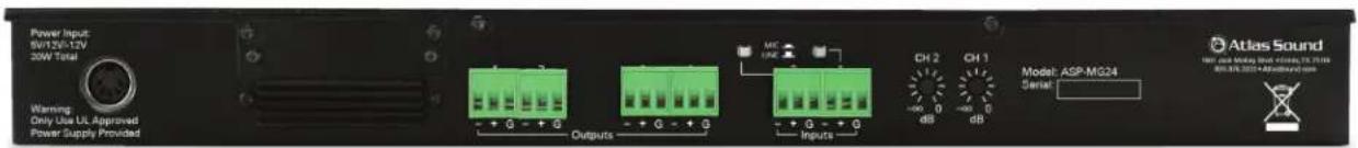 Power Input 6V/12V-12V 20W Total Warning: Only Use UL Approved Power Supply Provided MC UAC Ch 2 Ch 1 Model: ASP-MG24 Serial: Atlas Sound INTL 3.5A 5.5A 5.5A 5.5A 5.5A 5.5B 80K 300+ 400kV 700V Output Inputs