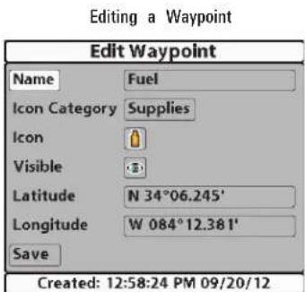 Editing a Waypoint Edit Waypoint Name Fuel Icon Category Supplies Icon Visible Latitude N 34°06.245' Longitude W 084°12.381' Save Created: 12:58:24 PM 09/20/12