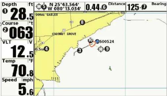 Depth 28.5 ft N 25°43.564' W 080°13.034' 0.44 s Distance 125°7 Bearing FORAL GABLES COCONUT GROVE VLT V 12.5 Temp °F 70.8 Speed mph 5.6