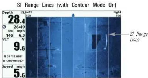 SI Range Lines (with Contour Mode On) Depth ft & ft 28.4 26:49 sm mph 140 5.2 VLT V 9.6 N 34°11.866' W 084°00.047' Speed mph 5.6 Right 150 SI Range Lines