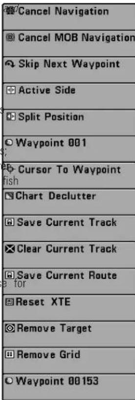 Cancel Navigation Cancel MOB Navigation Skip Next Waypoint Active Side Split Position Waypoint 001 Cursor To Waypoint fish Chart Declutter Save Current Track Clear Current Track Save Current Route for Reset XTE Remove Target Remove Grid Waypoint 00153