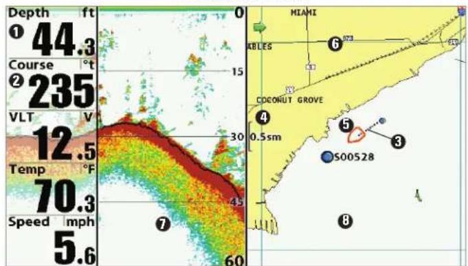 Depth ft ① 44.3 Course °t ② 235 VLT V 12.5 Temp °F 70.3 Speed mph 5.6 0 15 30 45 60 MIAMI ABILES COCONUT GROVE 0.5sm ⑤ ③ S00528 ⑧