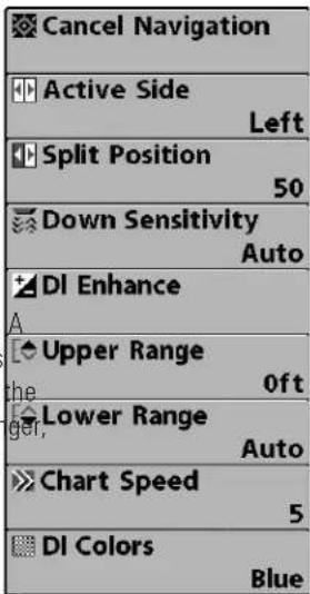 Cancel Navigation Active Side Left Split Position 50 Down Sensitivity Auto DI Enhance A Upper Range the 0ft Lower Range Auto Chart Speed 5 DI Colors Blue