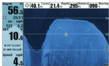 Depth ft 56.5 25:31 sm mph 133 5.2 VLT V 10.6 N 34°13.020' W 084°00.024' Speed mph 4.5 40.1 Cusior 21.4 Depth 295 Distance 090 Bearing 80