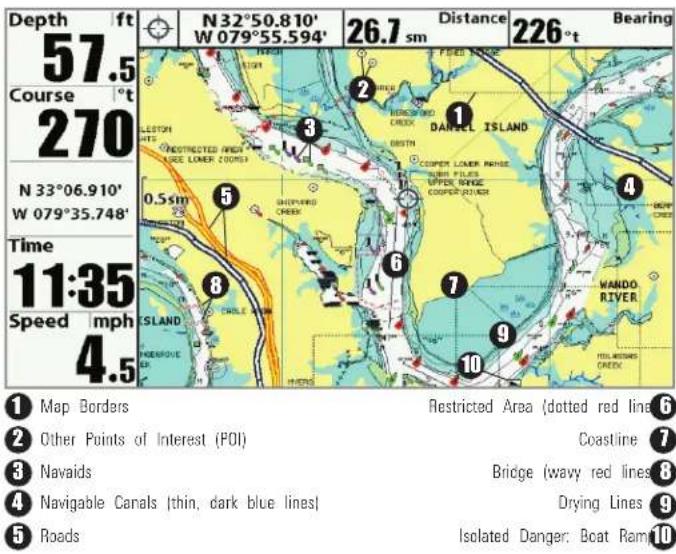 Depth ft N32°50.810' W 079°55.594' 26.7 sm Distance 226°t Bearing 57.5 Course °t 270 N 33°06.910' W 079°35.748' Time 11:35 Speed mph 4.5 ① Map Borders ② Other Points of Interest (POI) ③ Navaids ④ Navigable Canals (thin, dark blue lines) ⑤ Roads DANIEL ISLAND COOPER LOWER RIVER UPPER RIVER COOPER RIVER WANDO RIVER TOTAL WMERS CREEK Restricted Area (dotted red line) Coastline Bridge (wavy red lines) Drying Lines Isolated Danger: Boat Ram