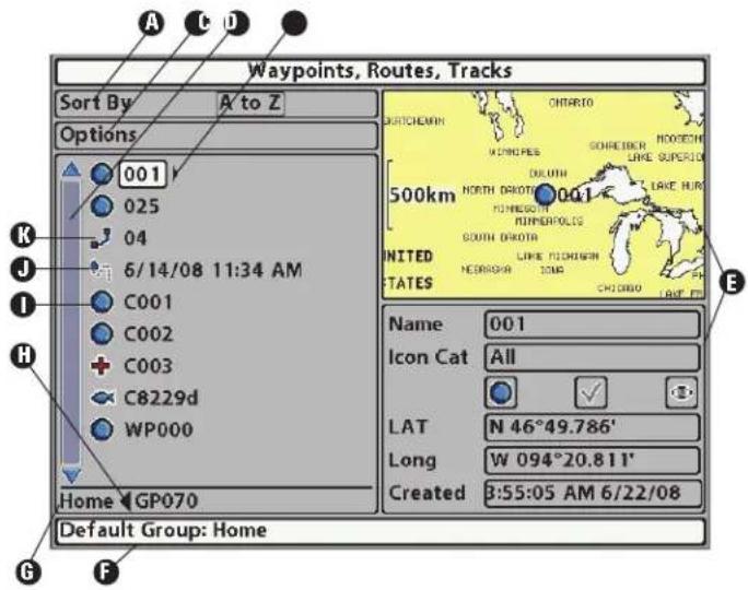 Waypoints, Routes, Tracks Sort By A to Z Options 001 025 04 6/14/08 11:34 AM C001 C002 C003 C8229d WP000 Home GP070 Default Group: Home Name 001 Icon Cat All LAT N 46°49.786' Long W 094°20.811' Created 3:55:05 AM 6/22/08