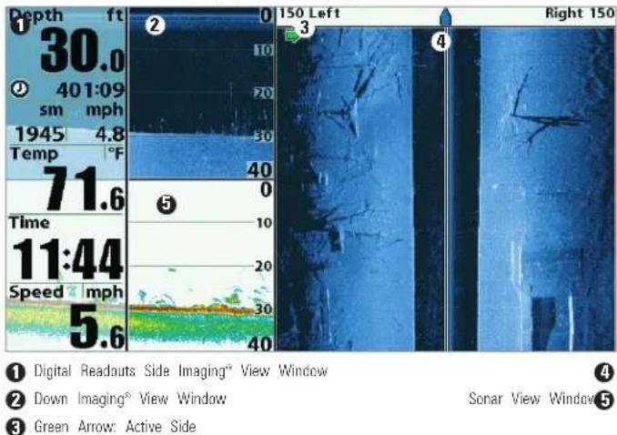 Depth ft 30.0 401:09 sm mph 1945 4.8 Temp °F 71.6 Time 11:44 Speed 1mph 5.6 0 10 20 30 40 5 150 Left Right 150 Digital Readouts Side Imaging® View Window Down Imaging® View Window Sonar View Window Green Arrow: Active Side