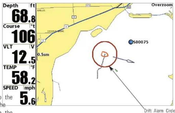 Depth ft 68.8 Course °t 106 VLT V 12.5 TEMP °F 58.2 SPEED mph the 5.6 Overzoom S00075 Drift Alarm Circle