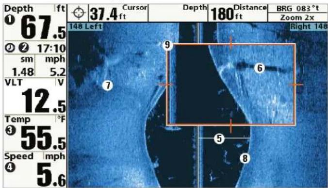 Depth 67.5 148 Left Cursor 37.4 ft Depth 180 ft Distance BRG 083°t Zoom 2x Right 148 17:10 sm mph 1.48 5.2 VLT V 12.5 Temp °F 355.5 Speed mph 4 5.6 9 6 5 8
