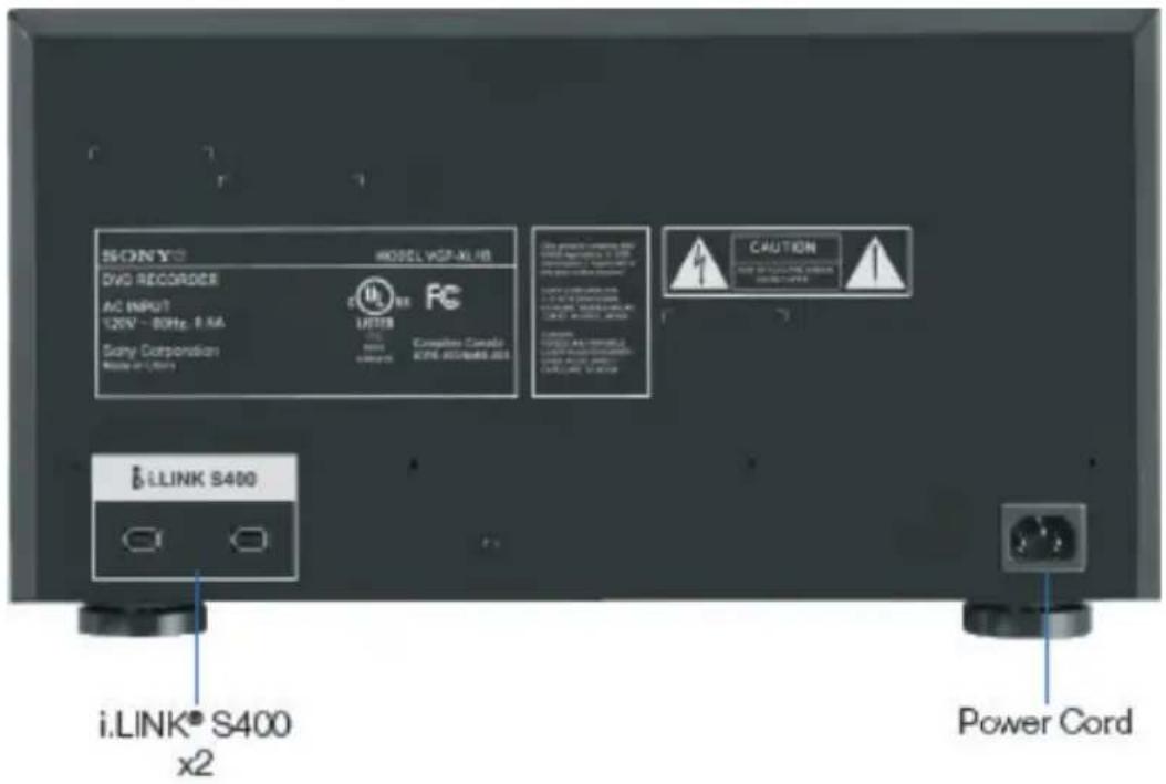SONY DVD RECORDER AC INPUT 120V - 80Hz, 8.6A Sony Corporation Made in Windows MODEL VSP-ML8 Litter Copper Cable XTPE 350/98/98 2013 CAUTION Power Cord i.LINK® S400 x2