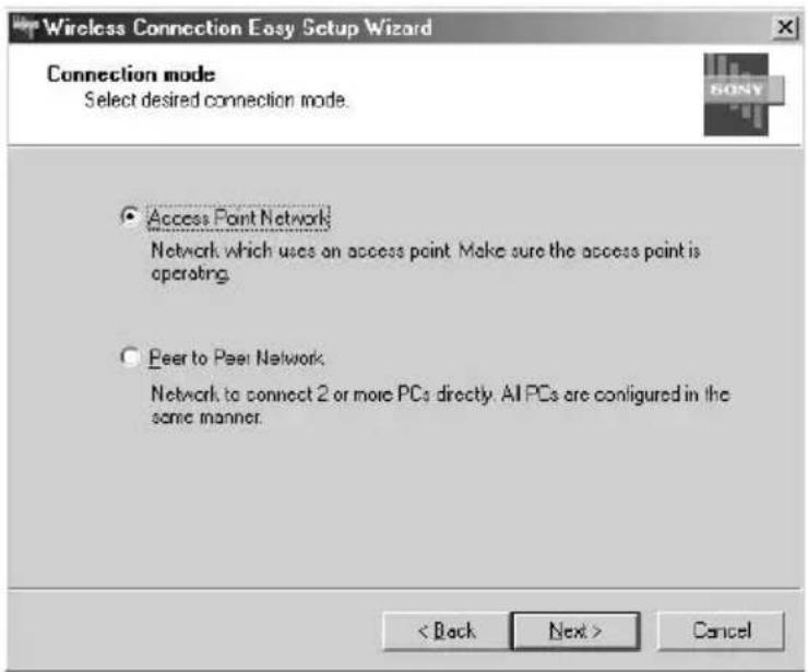 Wireless Connection Easy Setup Wizard Connection mode Select desired connection mode. Access Point Network Network which uses an access point. Make sure the access point is operating. Peer to Peer Network Network to connect 2 or more PCs directly. AI PCs are configured in the some manner. < Back Next > Cancel
