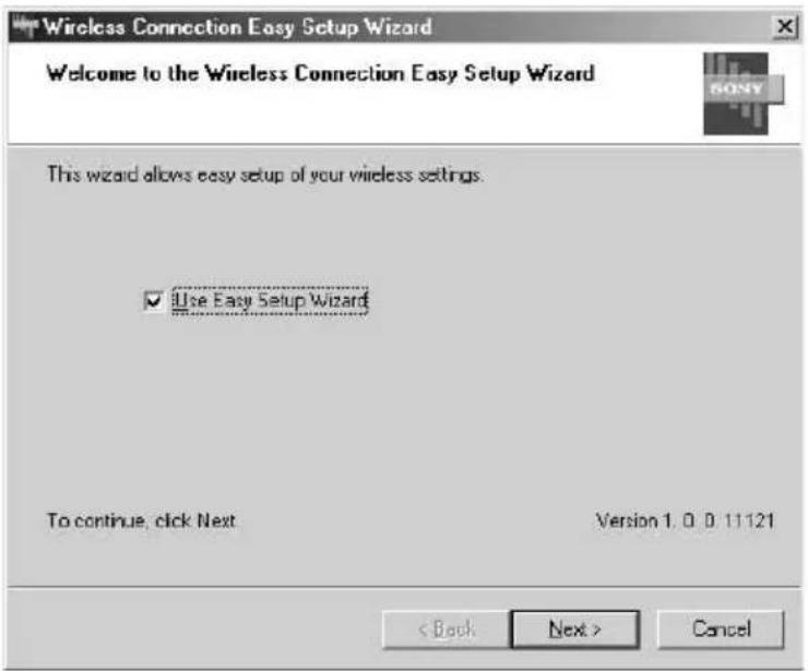 Wireless Connection Easy Setup Wizard Welcome to the Wireless Connection Easy Setup Wizard This wizard allows easy setup of your wireless settings. ✓ Use Easy Setup Wizard To continue, click Next Version 1.0.0.11121 < Back Next > Cancel