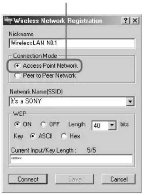 Wireless Network Registration Nickname WirelessLAN N0.1 Connection Mode Access Point Network Peer to Peer Network Network Name(SSID) It's a SONY WEP ON OFF Length 40 bits Key ASCII Hex Current Input/Key Length: 5/5 *****x Connect Save Cancel