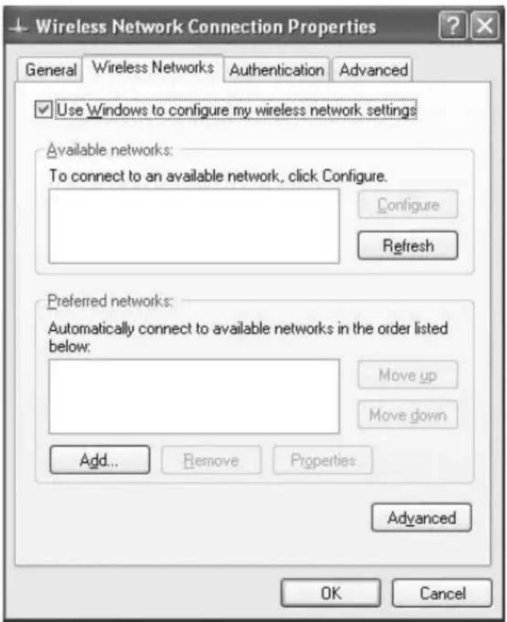 Wireless Network Connection Properties General Wireless Networks Authentication Advanced ✓ Use Windows to configure my wireless network settings Available networks: To connect to an available network, click Configure. Configure Refresh Preferred networks: Automatically connect to available networks in the order listed below: Move up Move down Add... Remove Properties Advanced OK Cancel