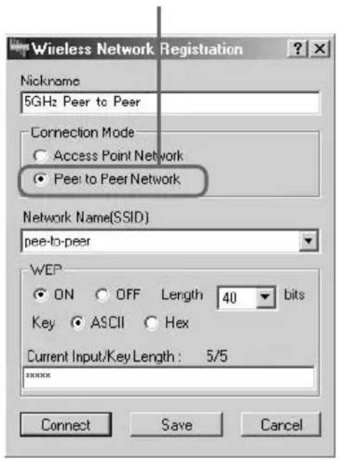 Wireless Network Registration Nickname 5GHz Peer to Peer Connection Mode Access Point Network Peel to Peer Network Network Name(SSID) pee-to-peer WEP ON OFF Length 40 bits Key ASCII Hex Current Input/Key Length: 5/5 *****