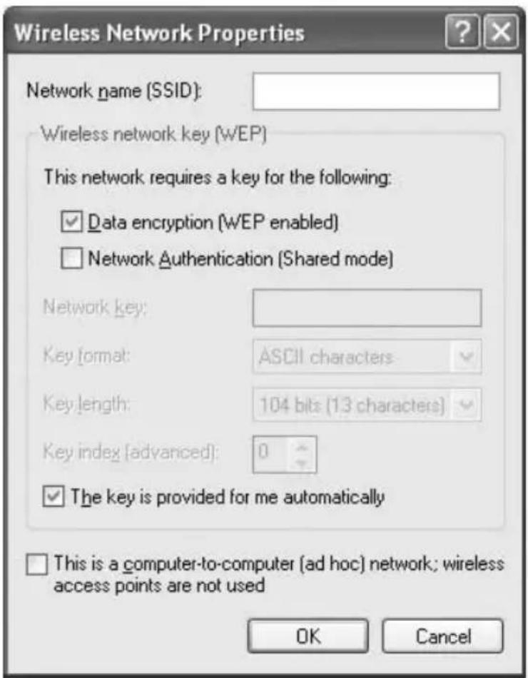 Wireless Network Properties Network name (SSID): Wireless network key (WEP) This network requires a key for the following: ✓ Data encryption (WEP enabled) □ Network Authentication (Shared mode) Network key: Key format: ASCII characters Key length: 104 bits (1.3 characters) Key index [advanced]: 0 ✓ The key is provided for me automatically □ This is a computer-to-computer (ad hoc) network; wireless access points are not used OK Cancel