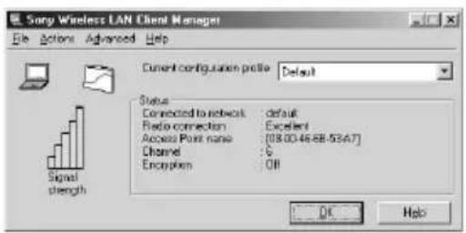 Sony Wireless LAN Client Manager File Actions Advanced Help Current configuration profile: Default Status Connected to network: default Radio connection: Excellent Access Point name: [08.00.46.88-53.47] Channel: Encryption: Off Signal strength OK Help