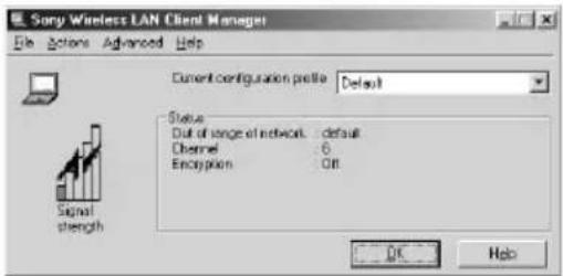 Sony Wireless LAN Client Manager File Options Advanced Help Current configuration profile Default Status Out of range of network default Channel 6 Encryption Off Signal strength OK Help