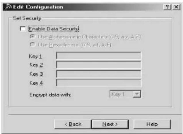 Edit Configuration Set Security Enable Data Security Use Alphenetic Characters (0-9, ex, A-F) Use Hexadecimal (0-9, ex, A-F) Key 1 Key 2 Key 3 Key 4 Encrypt data with: Key 1 < Back Next > Help