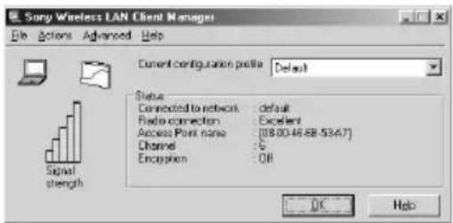 Sony Wireless LAN Client Manager File Options Advanced Help Current configuration profile: Default Status Connected to network: default Radio connection: Excellent Access Point name: [18.00.46.88-534.7] Channel: C Encryption: OR Signal strength OK Help