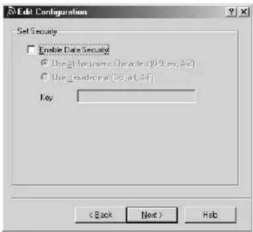 Edit Configuration Set Security Enable Data Security Use Abstractioner Character (0.9, ex, Af) Use hexadecane (35, ex, Af) Key < Back Next > Help