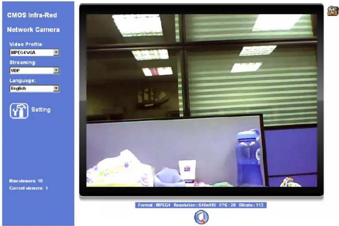 CMOS Infra-Red Network Camera Video Profile: MPEG4-VGA Streaming: UDP Language: English Setting Maxviewers: 10 Current viewers: 1 Format: MPEG4 Resolution: 640x480 FPS: 29 Bitrate: 113