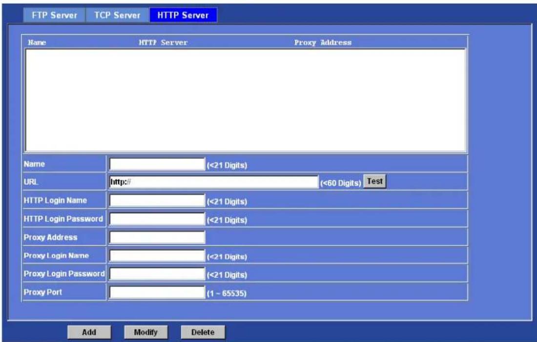 FTP Server TCP Server HTTP Server Name HTTP Server Proxy Address Name (<21 Digits) URL http:// (<60 Digits) Test HTTP Login Name (<21 Digits) HTTP Login Password (<21 Digits) Proxy Address Proxy Login Name (<21 Digits) Proxy Login Password (<21 Digits) Proxy Port (1 ~ 65535) Add Modify Delete