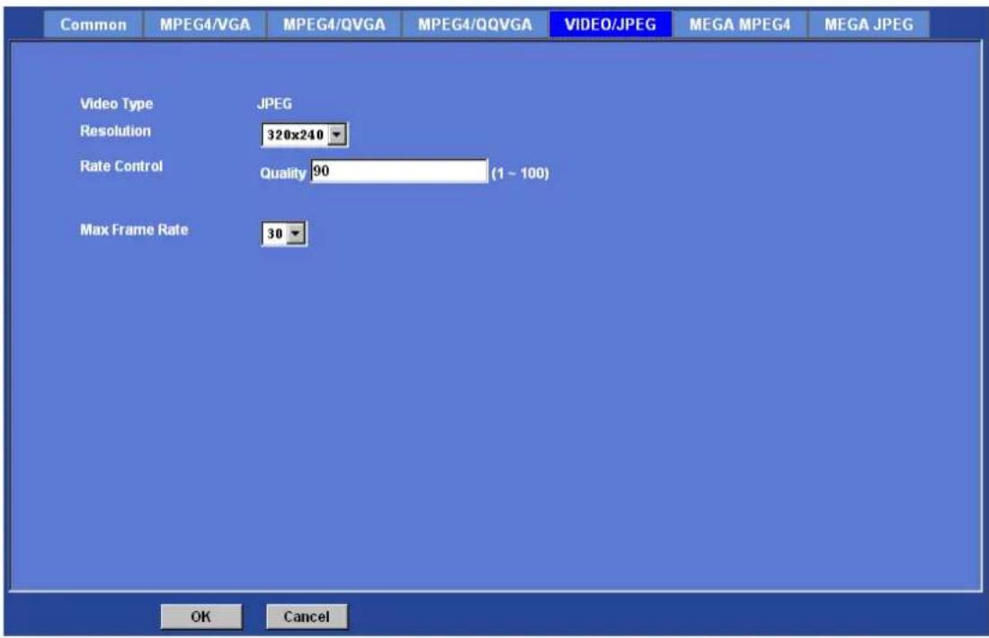 Common MPEG4/VGA MPEG4/QVGA MPEG4/QQVGA VIDEO/JPEG MEGA MPEG4 MEGA JPEG Video Type JPEG Resolution 320x240 Rate Control Quality 90 (1 - 100) Max Frame Rate 30 OK Cancel