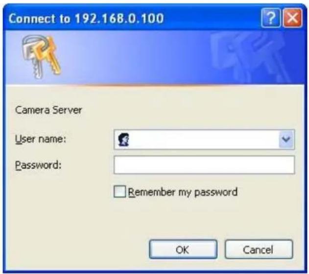 Connect to 192.168.0.100 Camera Server User name: Password: Remember my password OK Cancel