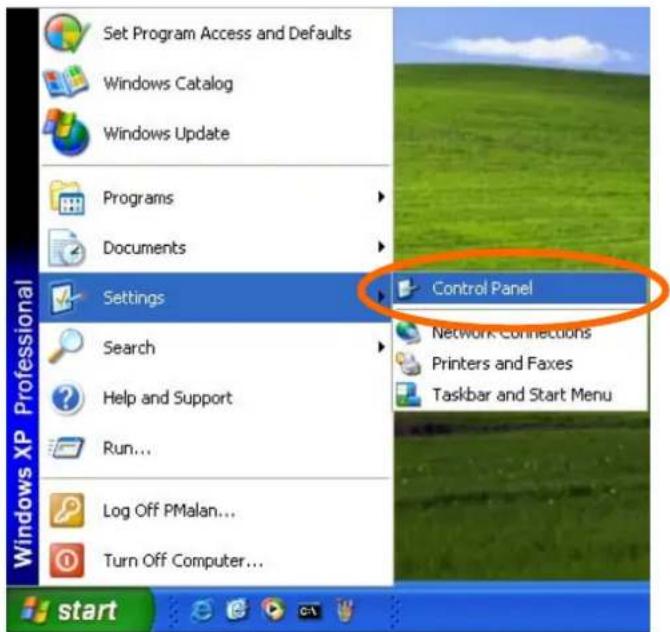Set Program Access and Defaults Windows Catalog Windows Update Programs Documents Settings Search Help and Support Run... Log Off PMalan... Turn Off Computer... Control Panel Network Connections Printers and Faxes Taskbar and Start Menu start