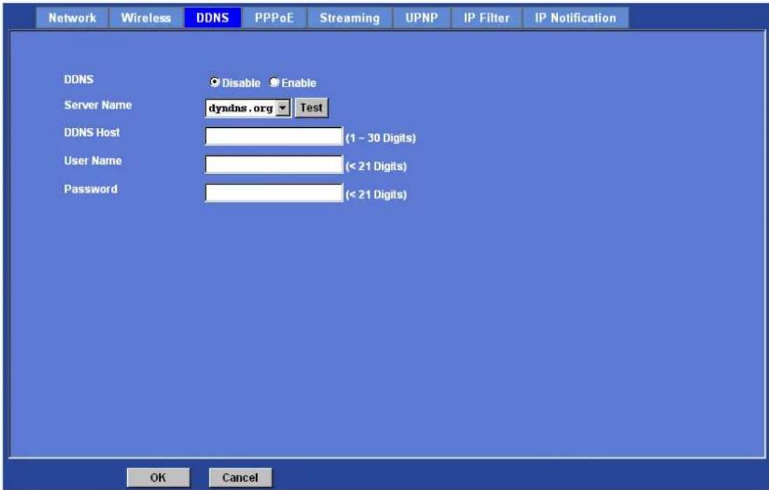 Network Wireless DDNS PPPoE Streaming UPNP IP Filter IP Notification DDNS Disable Enable Server Name dyadns.org Test DDNS Host (1 ~ 30 Digits) User Name (< 21 Digits) Password (< 21 Digits) OK Cancel
