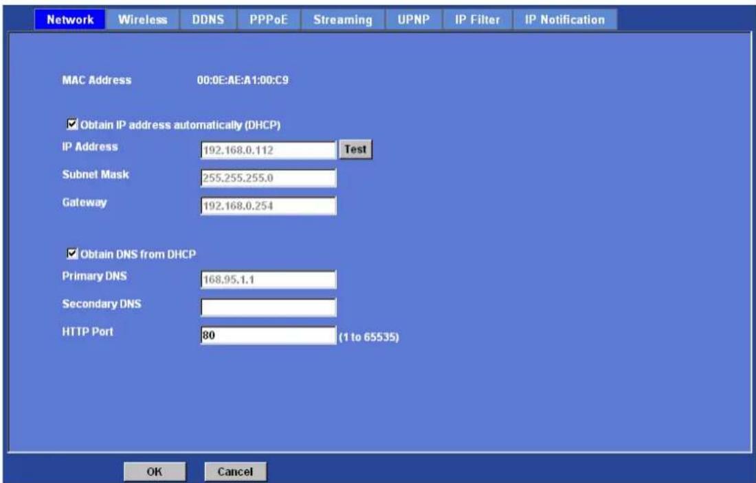 Network Wireless DDNS PPPoE Streaming UPNP IP Filter IP Notification MAC Address 00:0E:AE:A1:00:C9 ✓ Obtain IP address automatically (DHCP) IP Address 192.168.0.112 Test Subnet Mask 255.255.255.0 Gateway 192.168.0.254 ✓ Obtain DNS from DHCP Primary DNS 168.95.1.1 Secondary DNS HTTP Port 80 (1 to 65535) OK Cancel