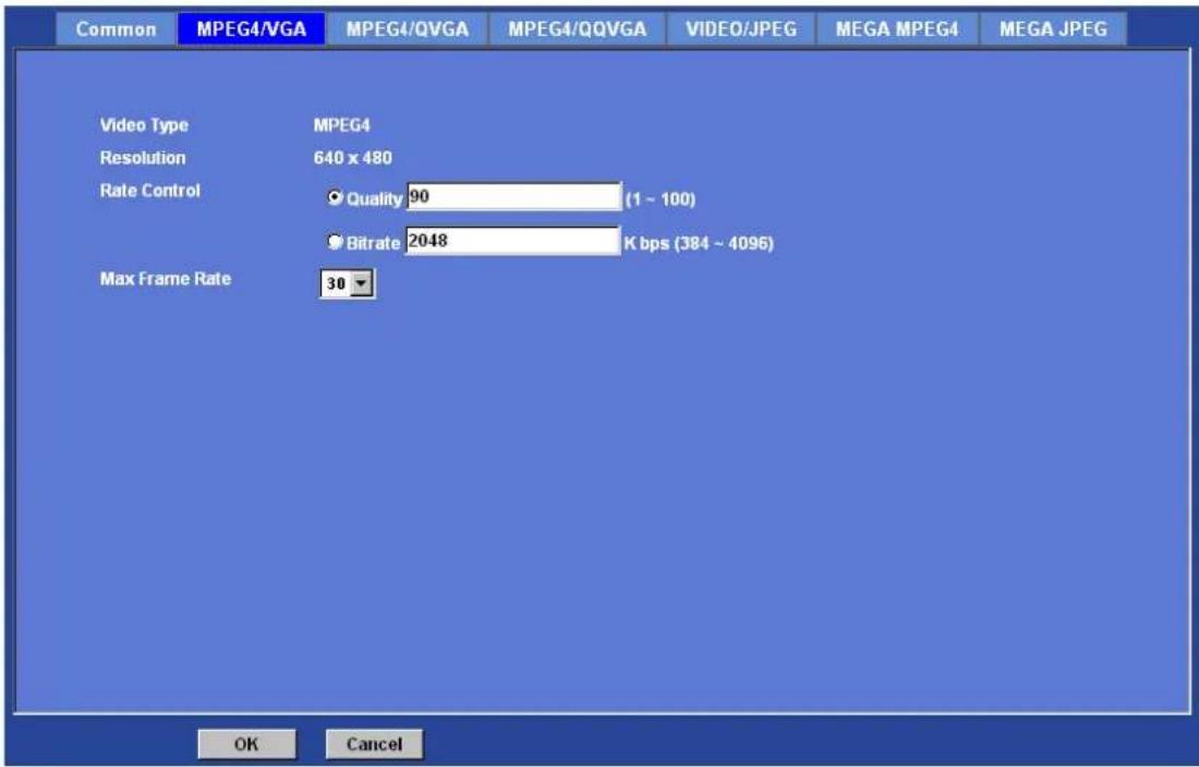 Common MPEG4/VGA MPEG4/QVGA MPEG4/QQVGA VIDEO/JPEG MEGA MPEG4 MEGA JPEG Video Type MPEG4 Resolution 640 x 480 Rate Control Quality 90 (1 ~ 100) Bitrate 2048 K bps (384 ~ 4096) Max Frame Rate 30 OK Cancel