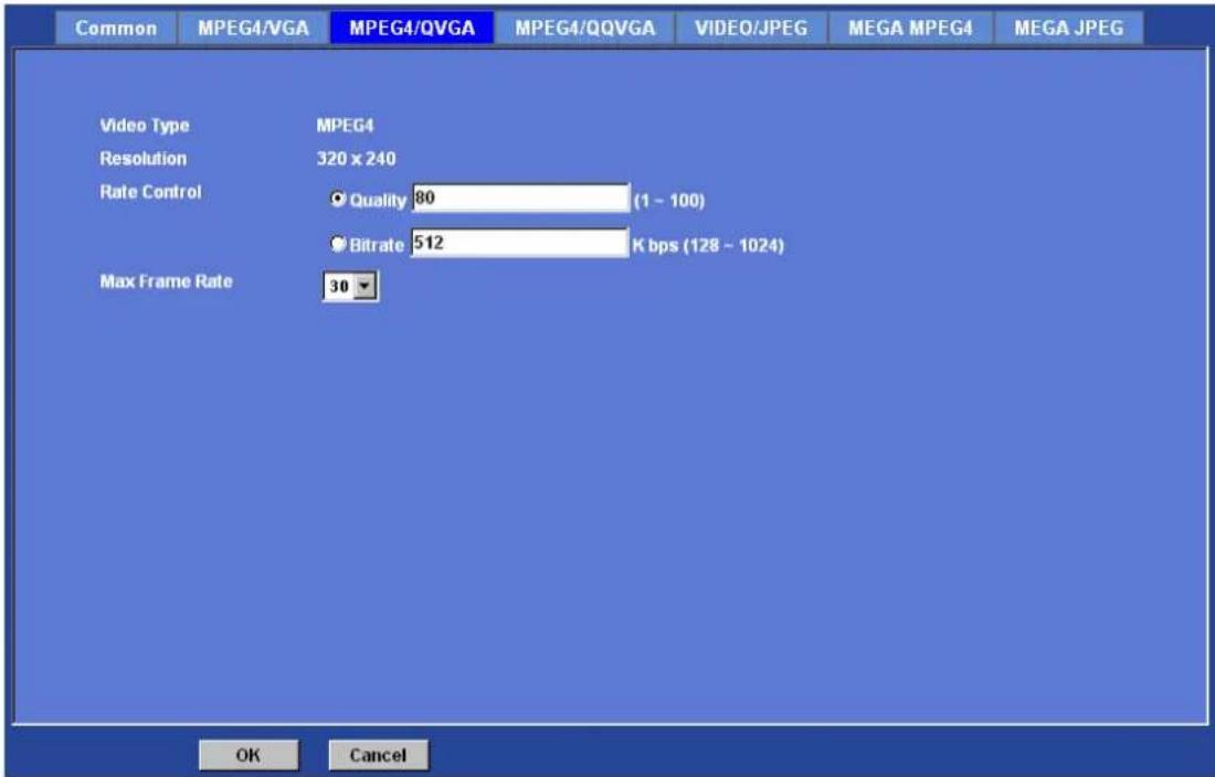 Common MPEG4/VGA MPEG4/QVGA MPEG4/QQVGA VIDEO/JPEG MEGA MPEG4 MEGA JPEG Video Type MPEG4 Resolution 320 x 240 Rate Control Quality 80 (1 - 100) Bitrate 512 K bps (128 - 1024) Max Frame Rate 30 OK Cancel