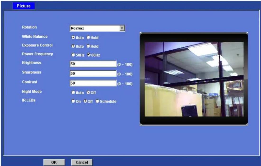 Picture Rotation Normal White Balance Auto Hold Exposure Control Auto Hold Power Frequency 50Hz 60Hz Brightness 50 (0 ~ 100) Sharpness 50 (0 ~ 100) Contrast 50 (0 ~ 100) Night Mode Auto Off IR LEDs On Off Schedule OK Cancel