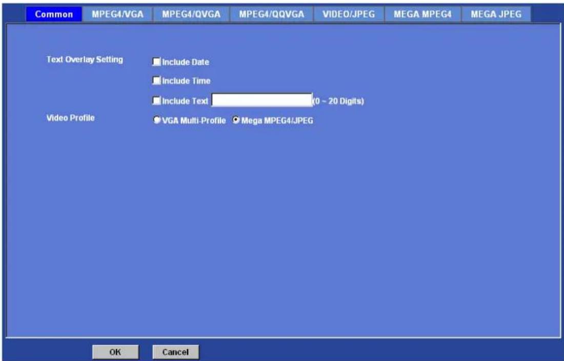 Common MPEG4/VGA MPEG4/QVGA MPEG4/QQVGA VIDEO/JPEG MEGA MPEG4 MEGA JPEG Text Overlay Setting Include Date Include Time Include Text (0 - 20 Digits) Video Profile VGA Multi-Profile Mega MPEG4/JPEG OK Cancel