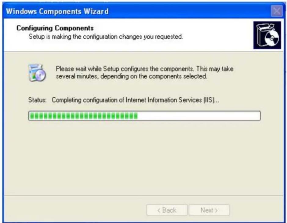 Windows Components Wizard Configuring Components Setup is making the configuration changes you requested. Please wait while Setup configures the components. This may take several minutes, depending on the components selected. Status: Completing configuration of Internet Information Services (IIS)... < Back Next >