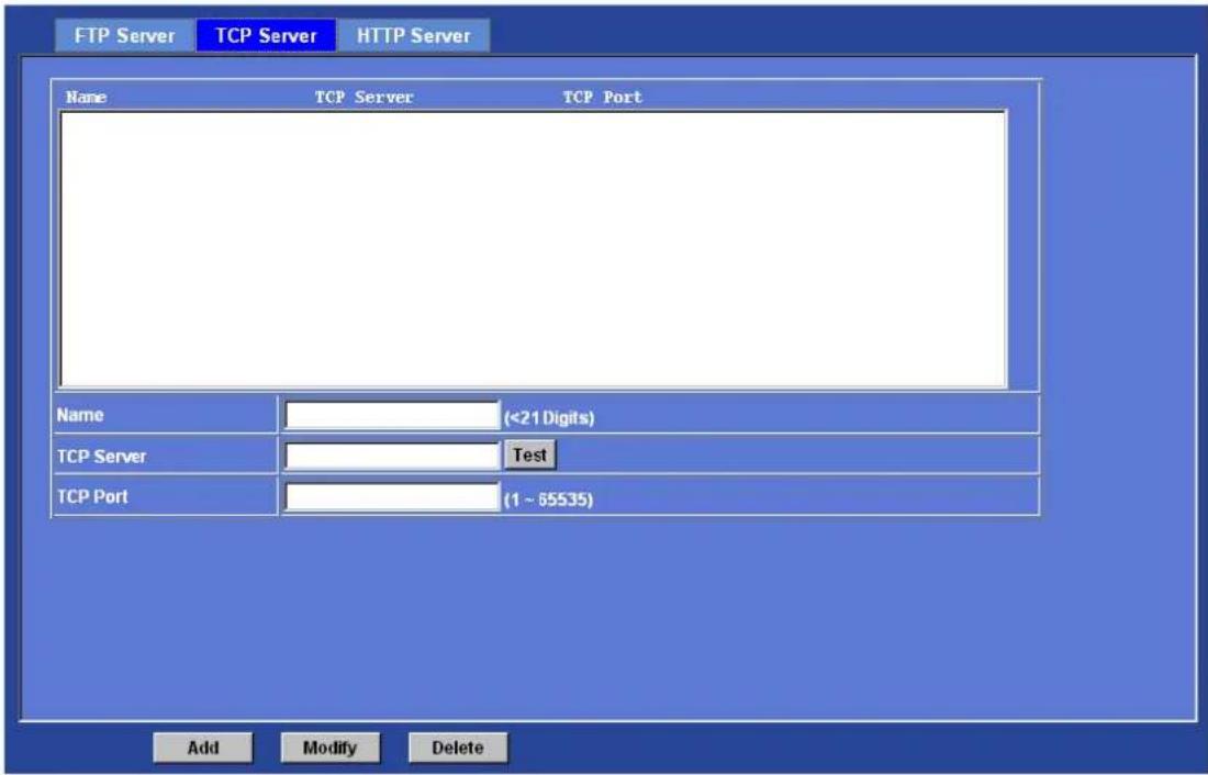 FTP Server TCP Server HTTP Server Name TCP Server TCP Port Name (<21 Digits) TCP Server Test TCP Port (1 ~ 65535) Add Modify Delete