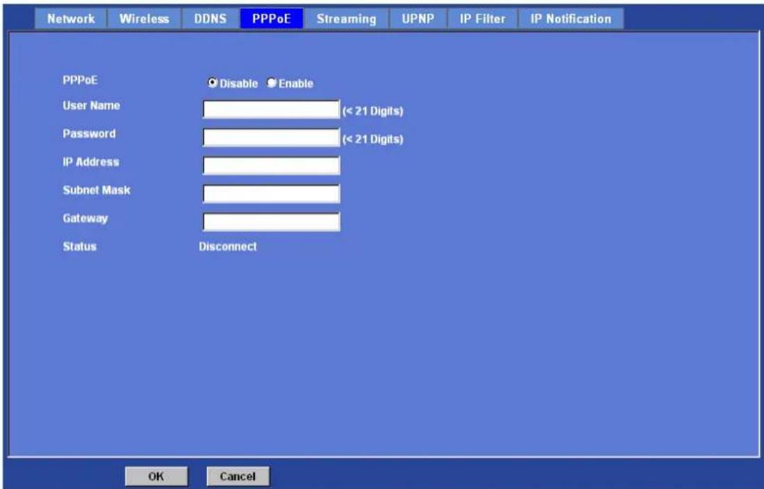Network Wireless DDNS PPPoE Streaming UPNP IP Filter IP Notification PPPoE Disable Enable User Name (< 21 Digits) Password (< 21 Digits) IP Address Subnet Mask Gateway Status Disconnect OK Cancel