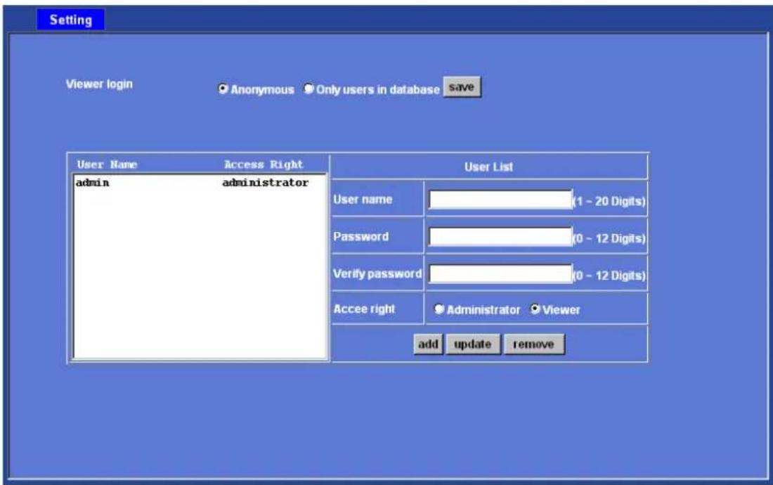 Setting Viewer login Anonymous Only users in database save User Name Access Right User List admin administrator User name (1 - 20 Digits) Password (0 - 12 Digits) Verify password (0 - 12 Digits) Accce right Administrator Viewer add update remove