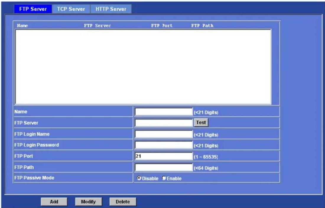 FTP Server TCP Server HTTP Server Name FTP Server FTP Port FTP Path Name (<21 Digits) FTP Server Test FTP Login Name (<21 Digits) FTP Login Password (<21 Digits) FTP Port 21 (1 ~ 65535) FTP Path (<64 Digits) FTP Passive Mode Disable Enable Add Modify Delete