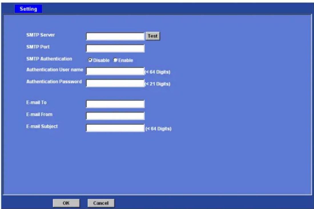 Setting SMTP Server Test SMTP Port SMTP Authentication Disable Enable Authentication User name (< 64 Digits) Authentication Password (< 21 Digits) E-mail To E-mail From E-mail Subject (< 64 Digits) OK Cancel