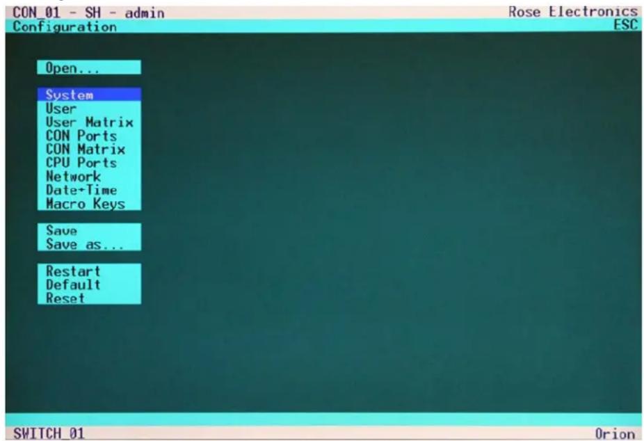 CON_01 - SH - admin Configuration Open... System User User Matrix CON Ports CON Matrix CPU Ports Network Date-Time Macro Keys Save Save as... Restart Default Reset SWITCH_01 Orion Rose Electronics ESC