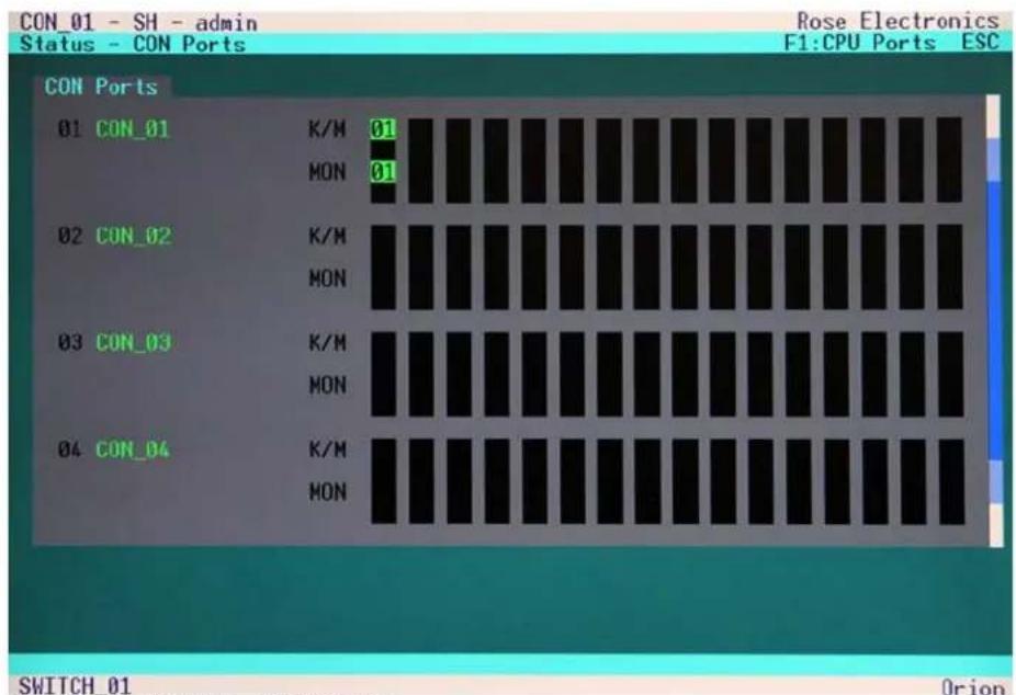 CON_01 - SH - admin Status - CON Ports Rose Electronics F1:CPU Ports ESC CON Ports 01 CON_01 K/M 01 MON 01 02 CON_02 K/M MON 03 CON_03 K/M MON 04 CON_04 K/M MON