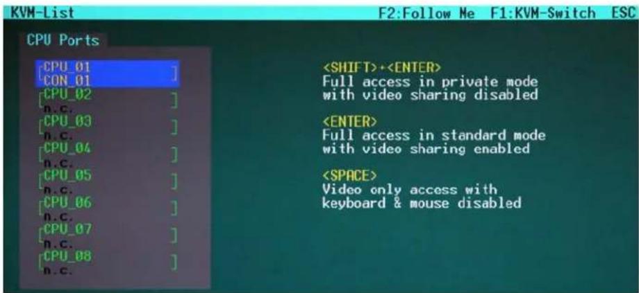 KVM-List F2:Follow Me F1:KVM-Switch ESC CPU Ports [CPU_01] [CON_01] [CPU_02] n.c. [CPU_03] n.c. [CPU_04] n.c. [CPU_05] n.c. [CPU_06] n.c. [CPU_07] n.c. [CPU_08] n.c. + Full access in private mode with video sharing disabled Full access in standard mode with video sharing enabled Video only access with keyboard & mouse disabled