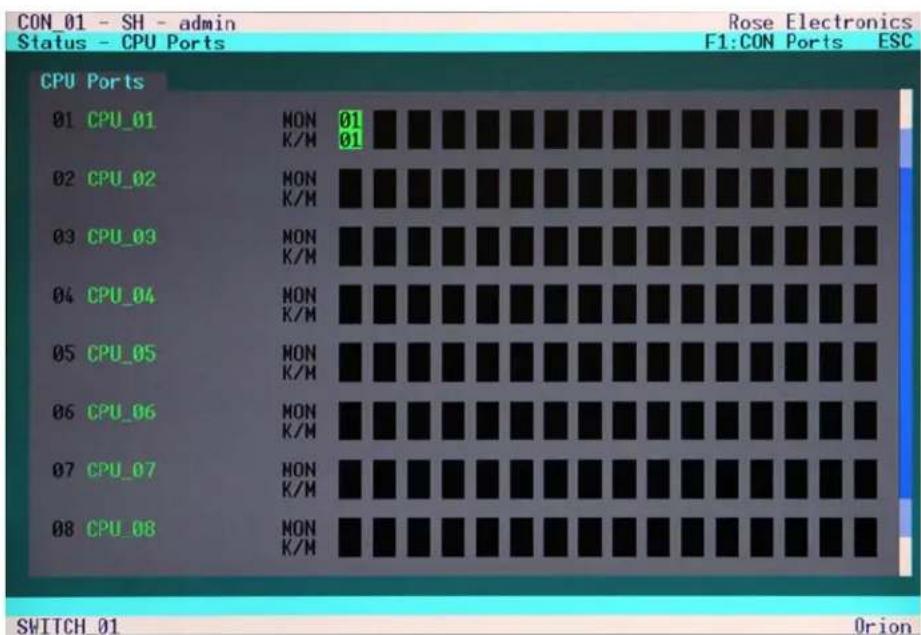 CON_01 - SH - admin Status - CPU Ports Rose Electronics F1:CON Ports ESC CPU Ports 01 CPU_01 NON 01 K/M 01 02 CPU_02 NON K/M 03 CPU_03 NON K/M 04 CPU_04 NON K/M 05 CPU_05 NON K/M 06 CPU_06 NON K/M 07 CPU_07 NON K/M 08 CPU_08 NON K/M SWITCH_01 Orion