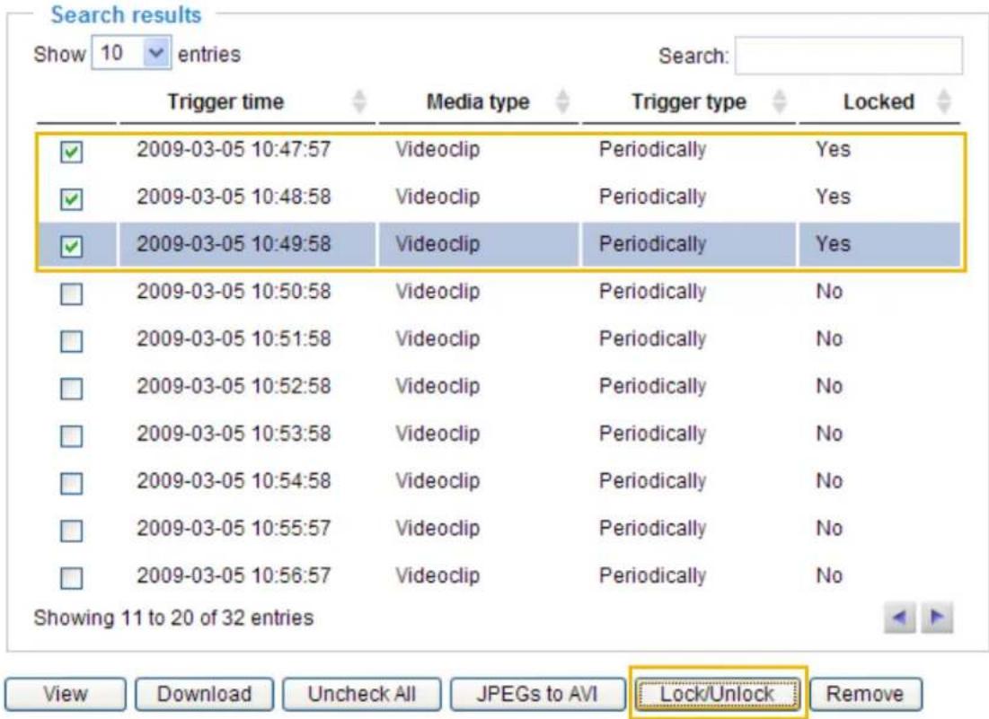 Search results Show 10 entries Search: Trigger time Media type Trigger type Locked ✓ 2009-03-05 10:47:57 Videoclip Periodically Yes ✓ 2009-03-05 10:48:58 Videoclip Periodically Yes ✓ 2009-03-05 10:49:58 Videoclip Periodically Yes □ 2009-03-05 10:50:58 Videoclip Periodically No □ 2009-03-05 10:51:58 Videoclip Periodically No □ 2009-03-05 10:52:58 Videoclip Periodically No □ 2009-03-05 10:53:58 Videoclip Periodically No □ 2009-03-05 10:54:58 Videoclip Periodically No □ 2009-03-05 10:55:57 Videoclip Periodically No □ 2009-03-05 10:56:57 Videoclip Periodically No Showing 11 to 20 of 32 entries View Download Uncheck All JPEGs to AVI Lock/Unlock Remove