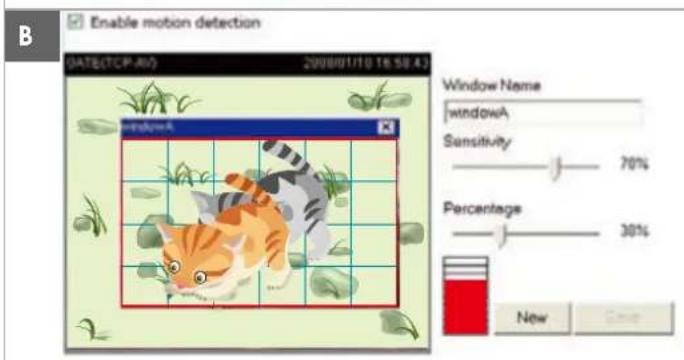 Enable motion detection DATE(TCP-01) 2008/01/10 16:59:43 Window Name windowA Sensitivity 70% Percentage 30% New Save