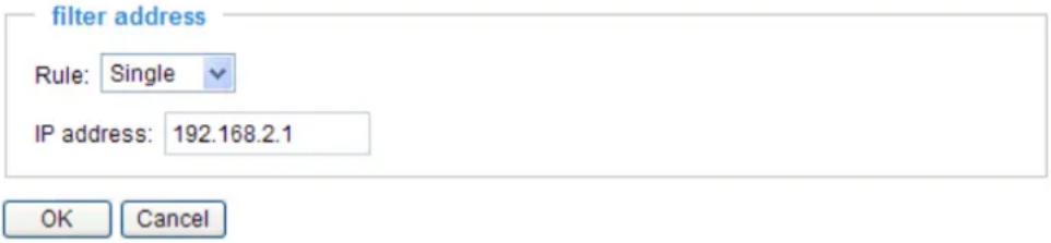 filter address Rule: Single IP address: 192.168.2.1 OK Cancel