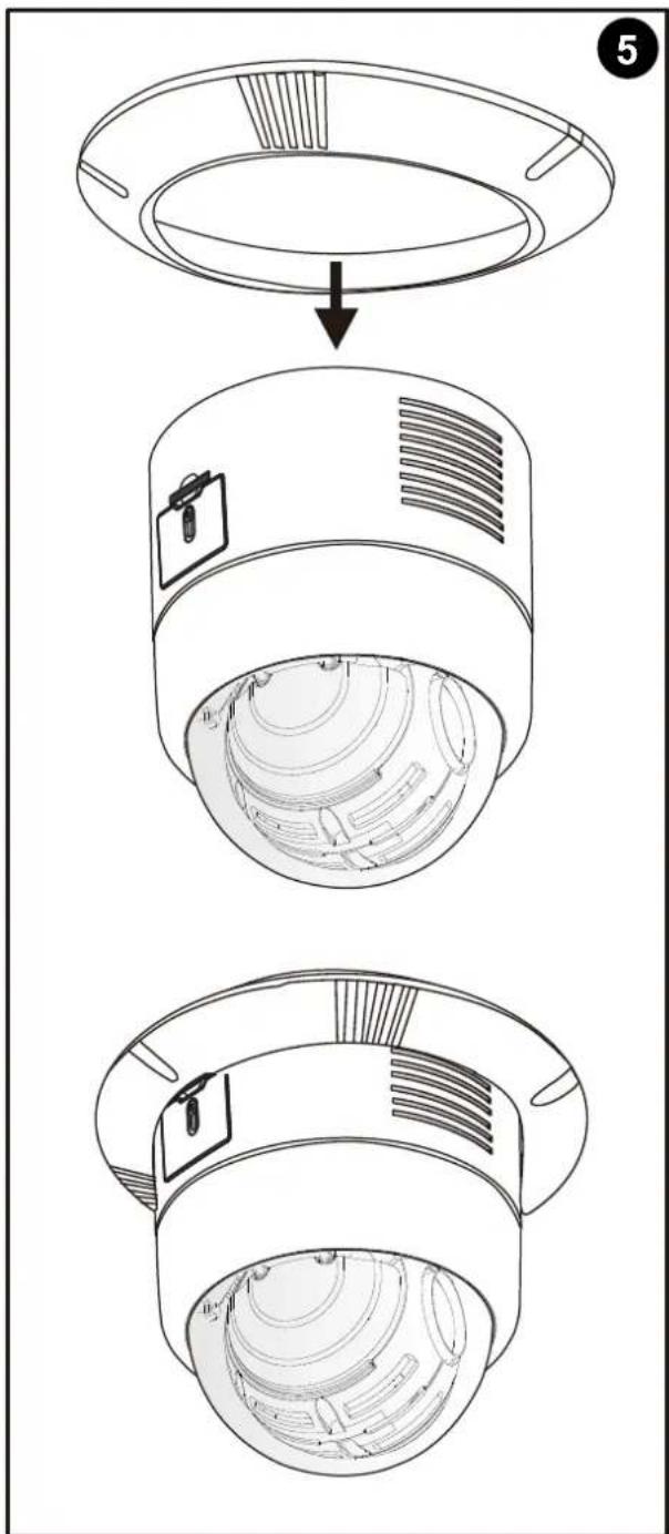 Technical diagram showing three-step installation of a ceiling-mounted device with labeled component 5